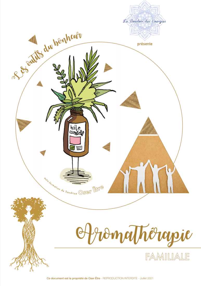 Illustration d'un flacon d'huile essentielle et de plantes, aromathérapie familiale